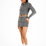 Acid-Wash Grey Contrast Stitch Cropped Denim Jacket