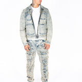 DISTRESSED ZIP UP DENIM JACKET