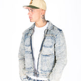 DISTRESSED ZIP UP DENIM JACKET