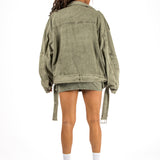 Washed Khaki Oversized Denim Biker Jacket