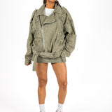 Washed Khaki Oversized Denim Biker Jacket