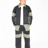 Khaki & Black Biker Panelled Denim Jacket
