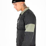 Khaki & Black Biker Panelled Denim Jacket