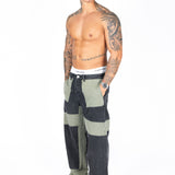 Khaki & Black Biker Panelled Jeans