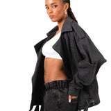 Oversized Black Denim Biker Jacket