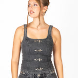 Washed Black Denim Corset With Buckle Detail