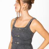 Washed Black Denim Corset With Buckle Detail