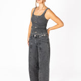 Washed Black Denim Corset With Buckle Detail