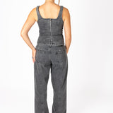 Washed Black Denim Corset With Buckle Detail