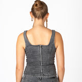 Washed Black Denim Corset With Buckle Detail