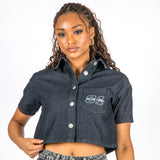 Cropped Denim Relaxed Varsity Shirt