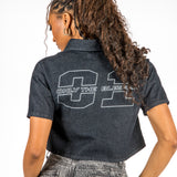 Cropped Denim Relaxed Varsity Shirt