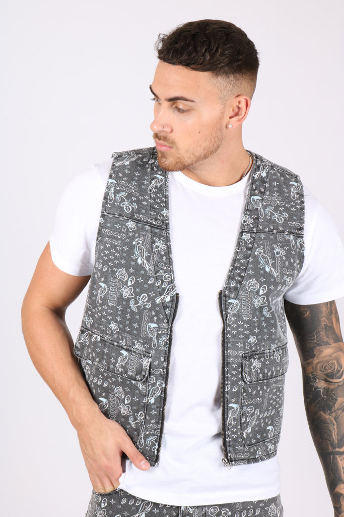 Paisley Printed Denim Gilet Vest