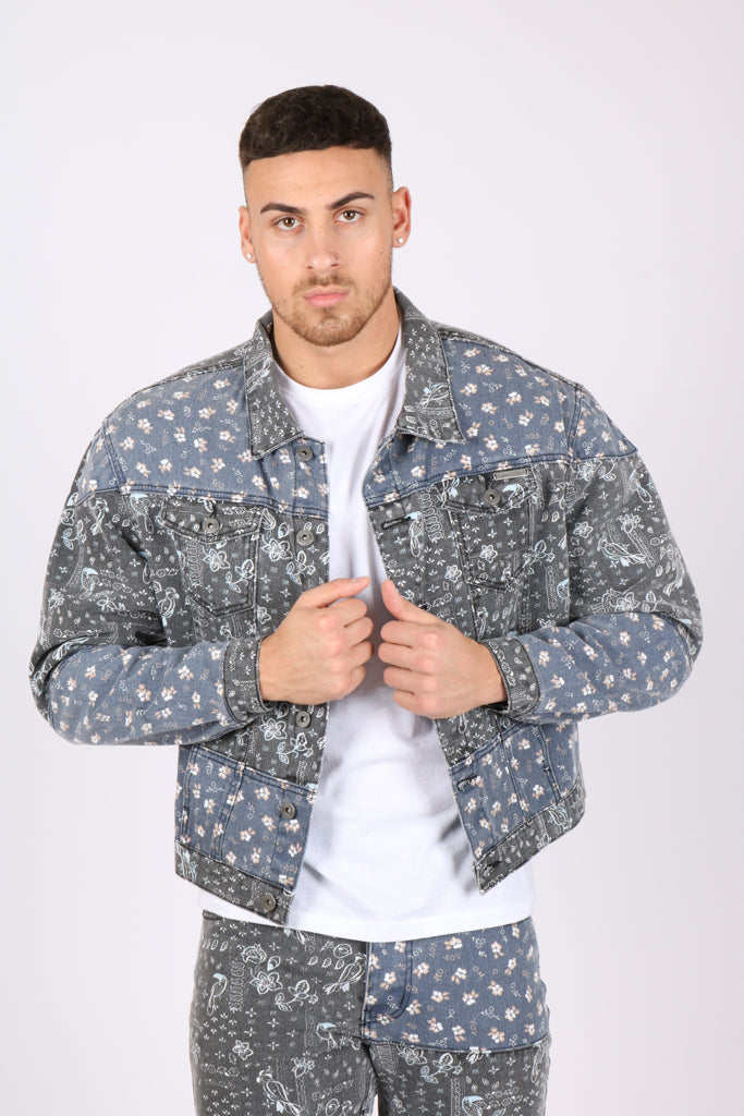 Oversized Trucker Jacket In Black Floral And Blue Paisley Splicing