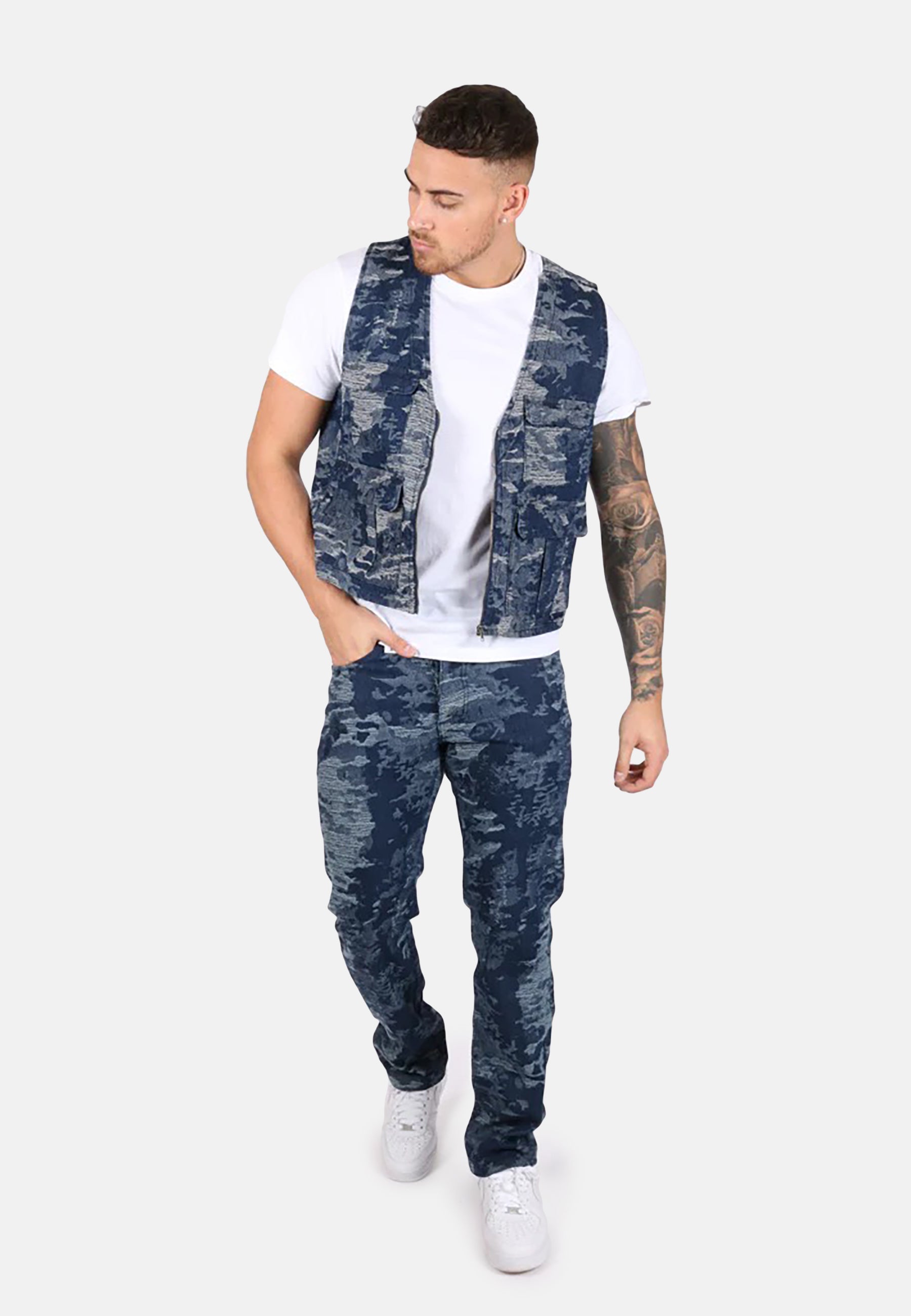 Blue Textured Camo Straight Leg Denim Jeans