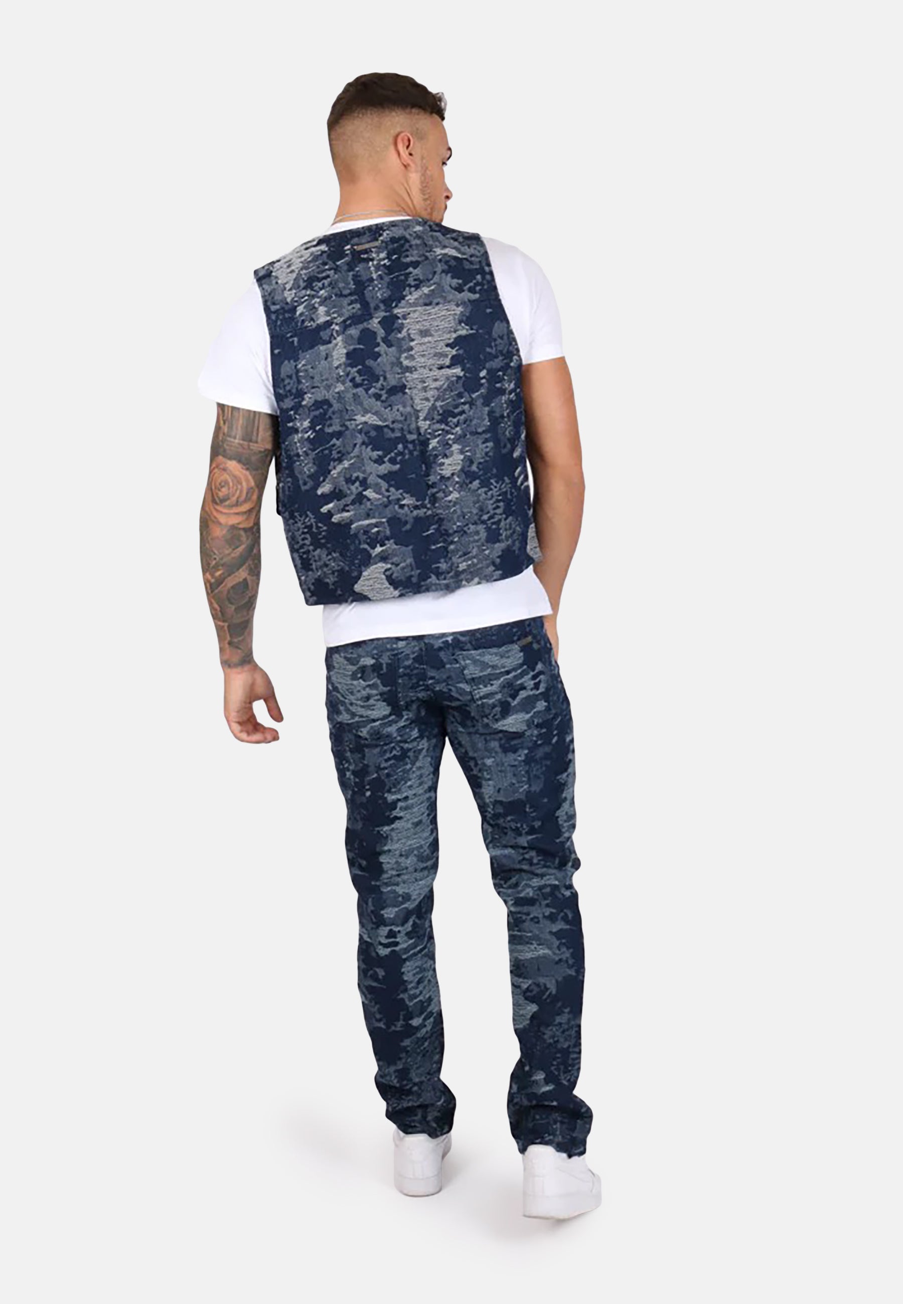 Blue Textured Camo Straight Leg Denim Jeans