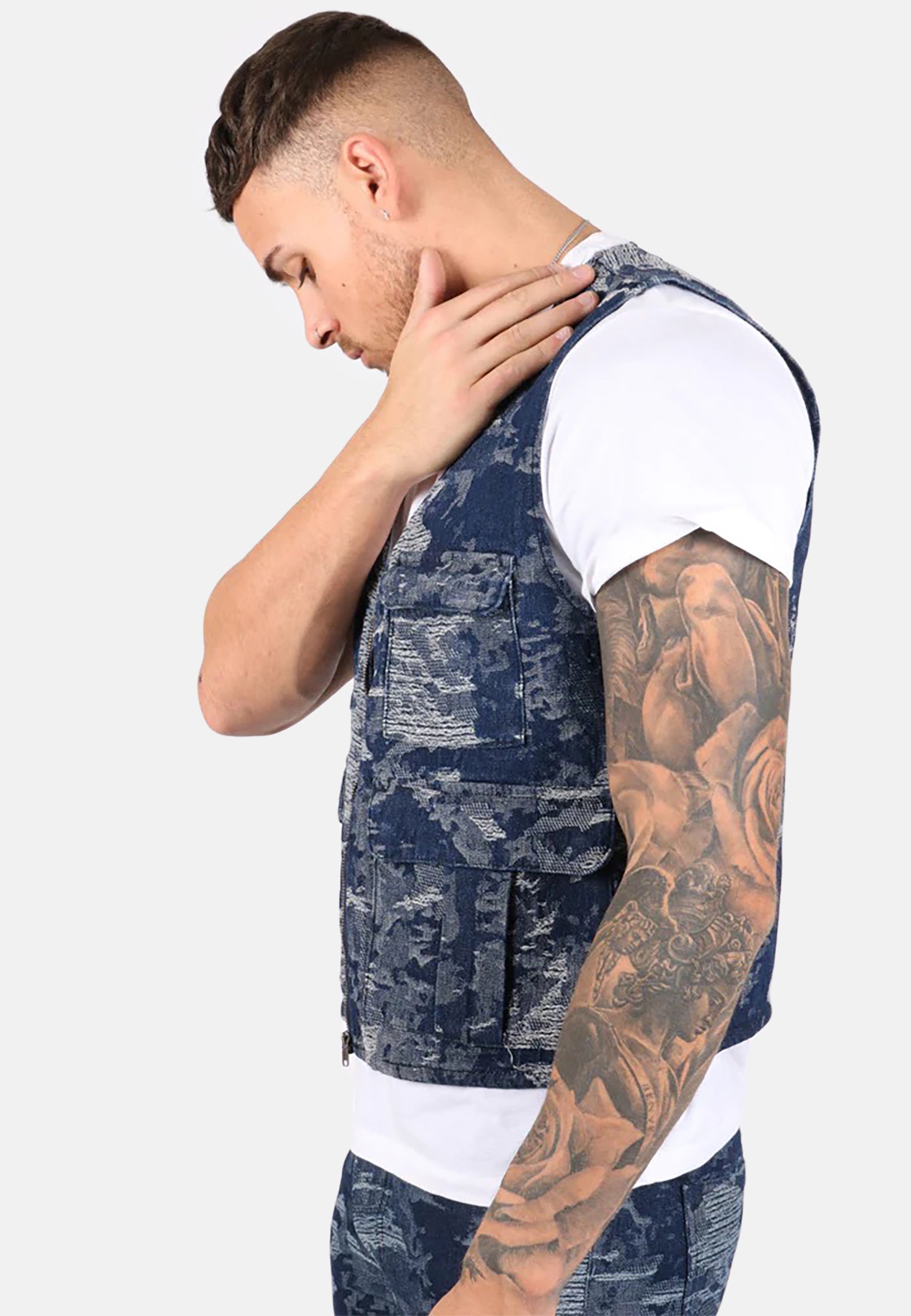 Blue Textured Camo Denim Gilet Vest