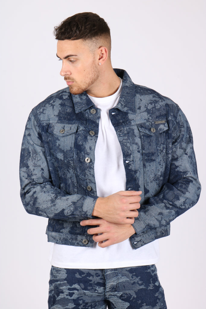 Blue Textured Camo Denim Jacket