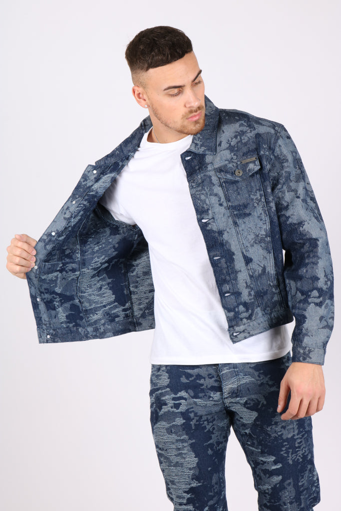 Blue Textured Camo Denim Jacket