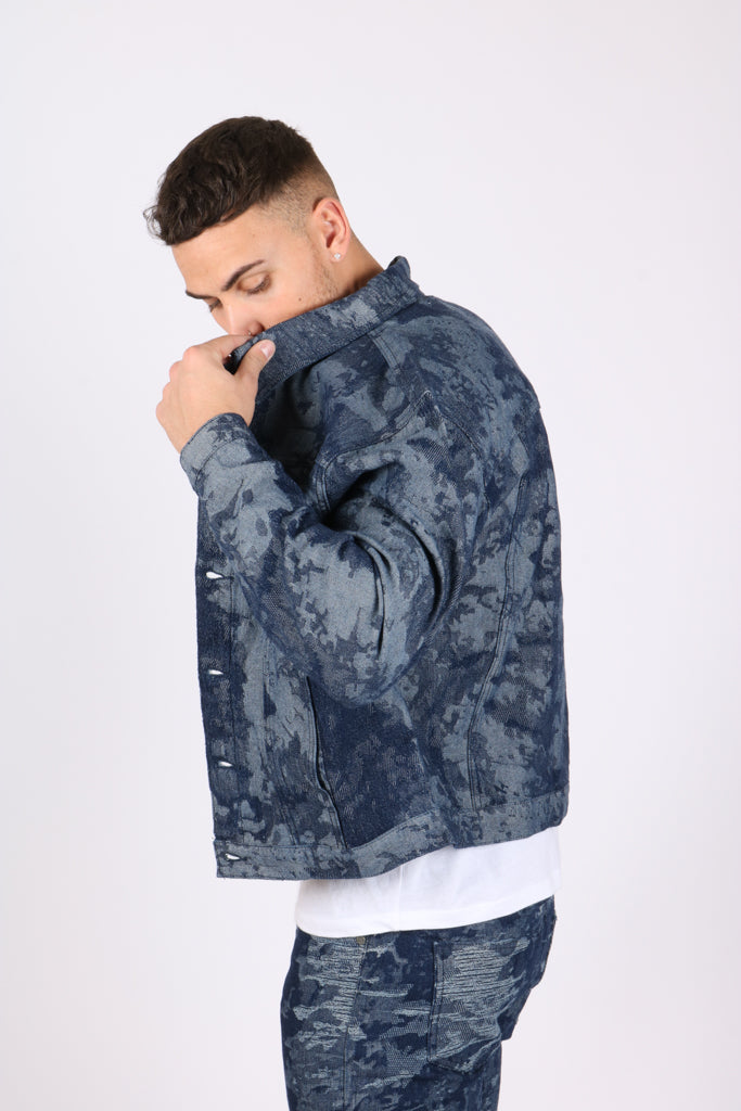 Blue Textured Camo Denim Jacket
