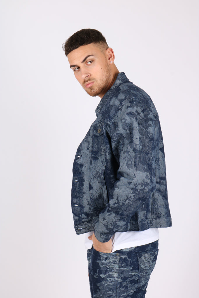 Blue Textured Camo Denim Jacket