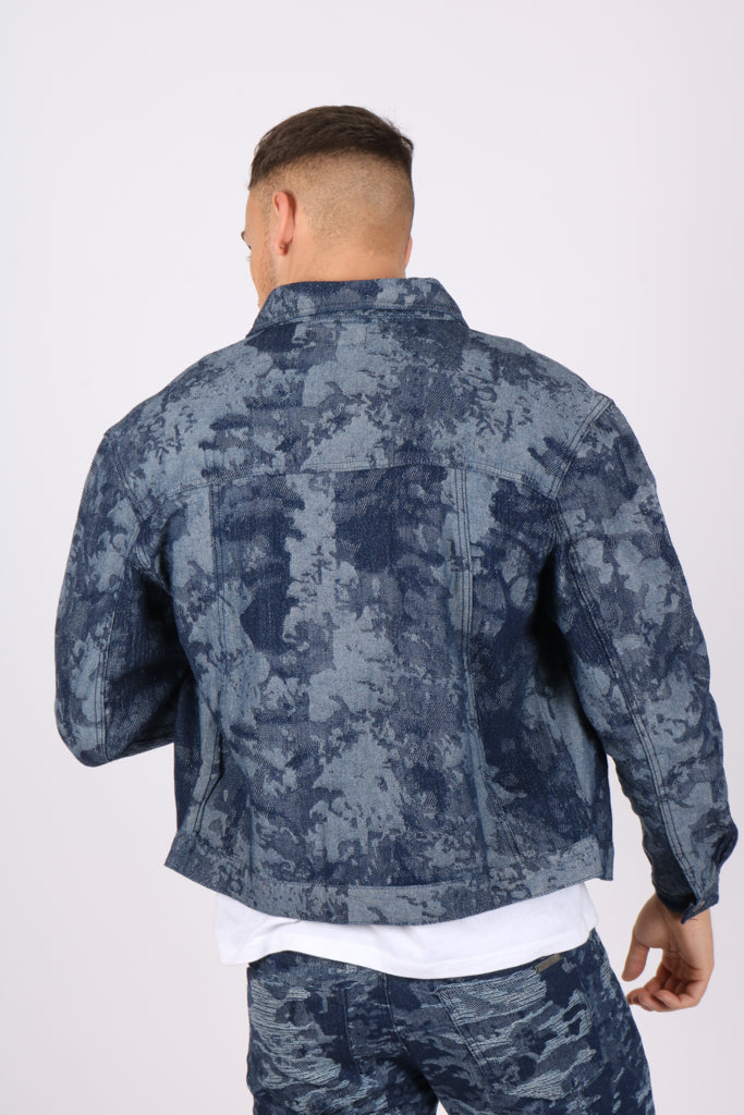 Blue Textured Camo Denim Jacket