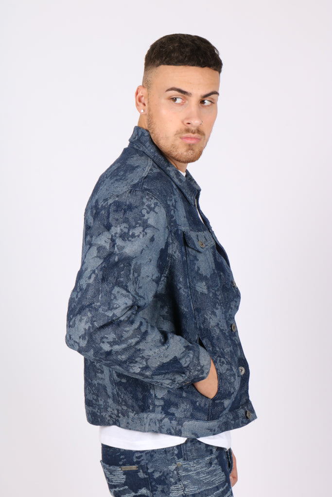 Blue Textured Camo Denim Jacket