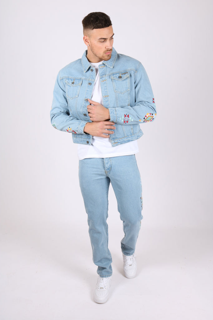 Straight Leg Jeans Co-Ord In Lightwash Blue Denim With Aztec Embroidery