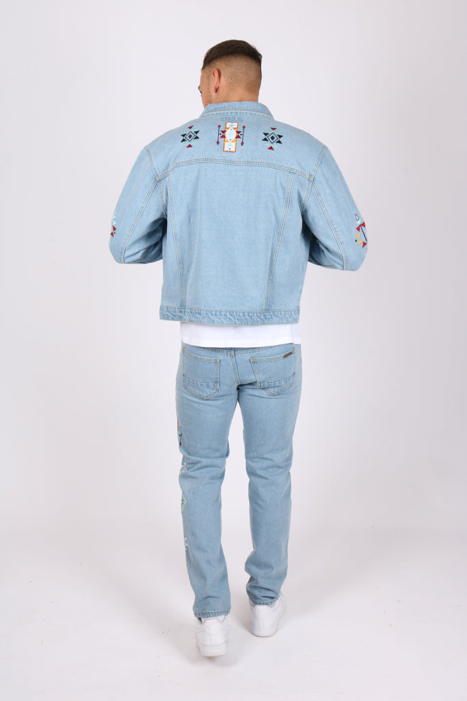 Straight Leg Jeans Co-Ord In Lightwash Blue Denim With Aztec Embroidery