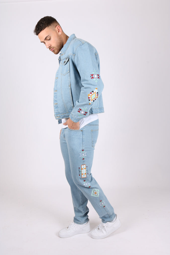 Straight Leg Jeans Co-Ord In Lightwash Blue Denim With Aztec Embroidery