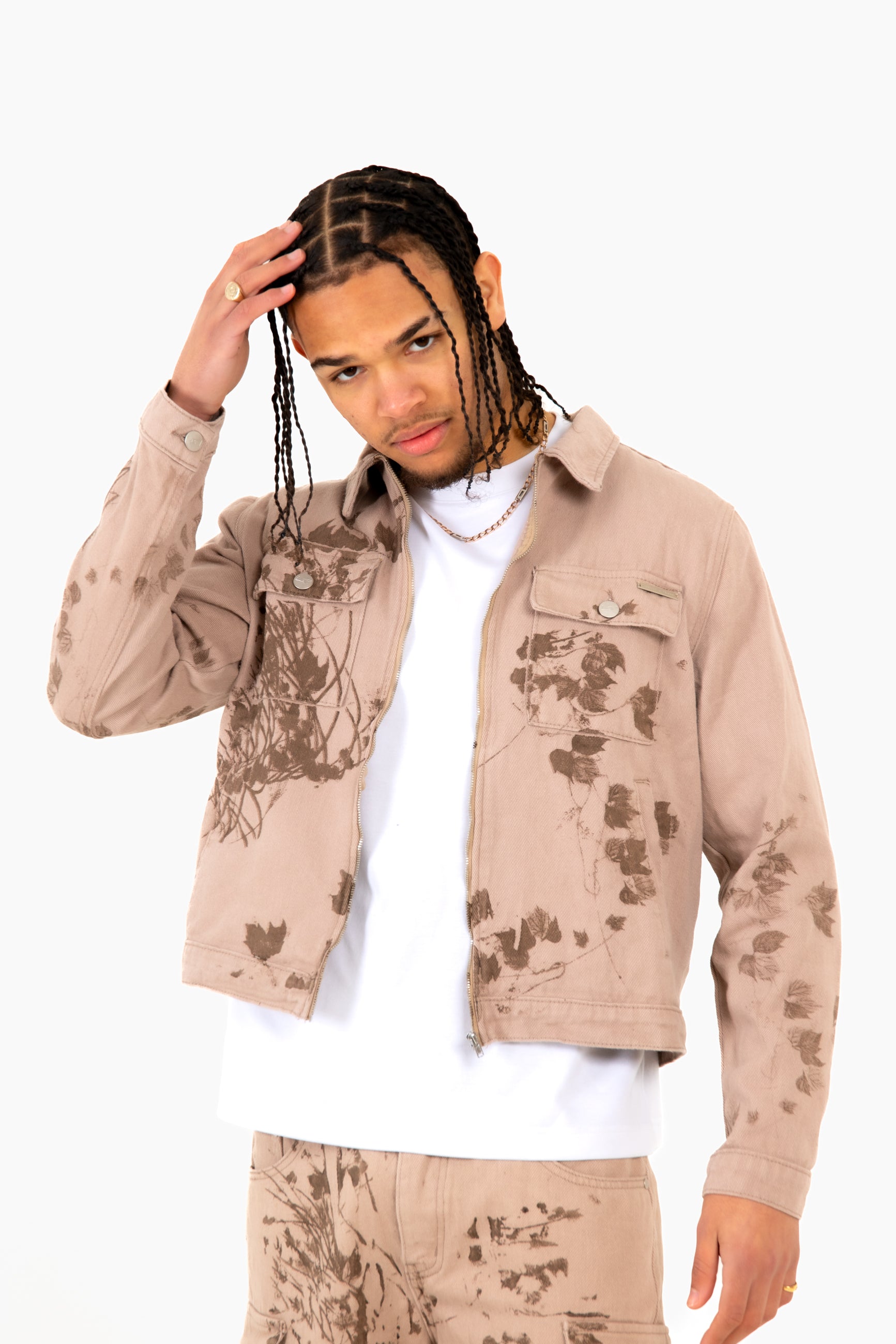 Sand & Brown Floral Twill Relaxed Denim Jacket
