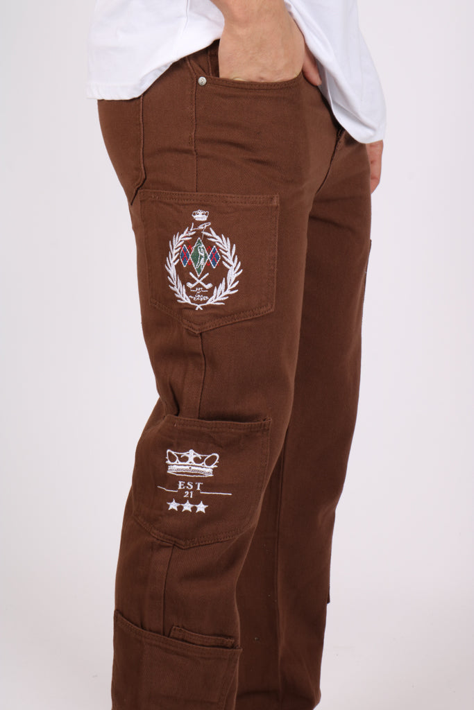 Chocolate Brown Straight Leg Golf Embroidered Jeans