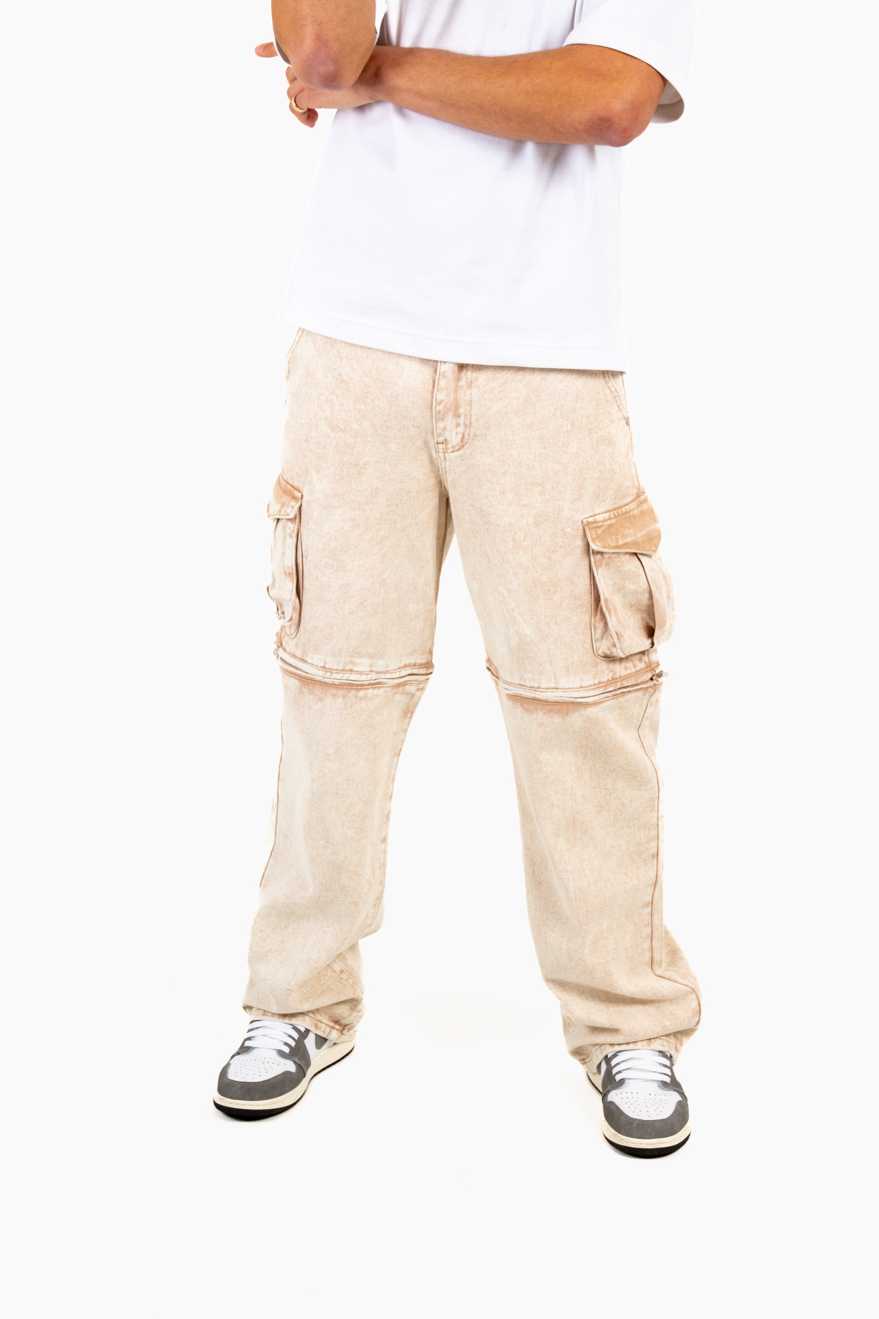 Washed Beige Baggy Cargo Trouser Detachable Zip-Off Shorts