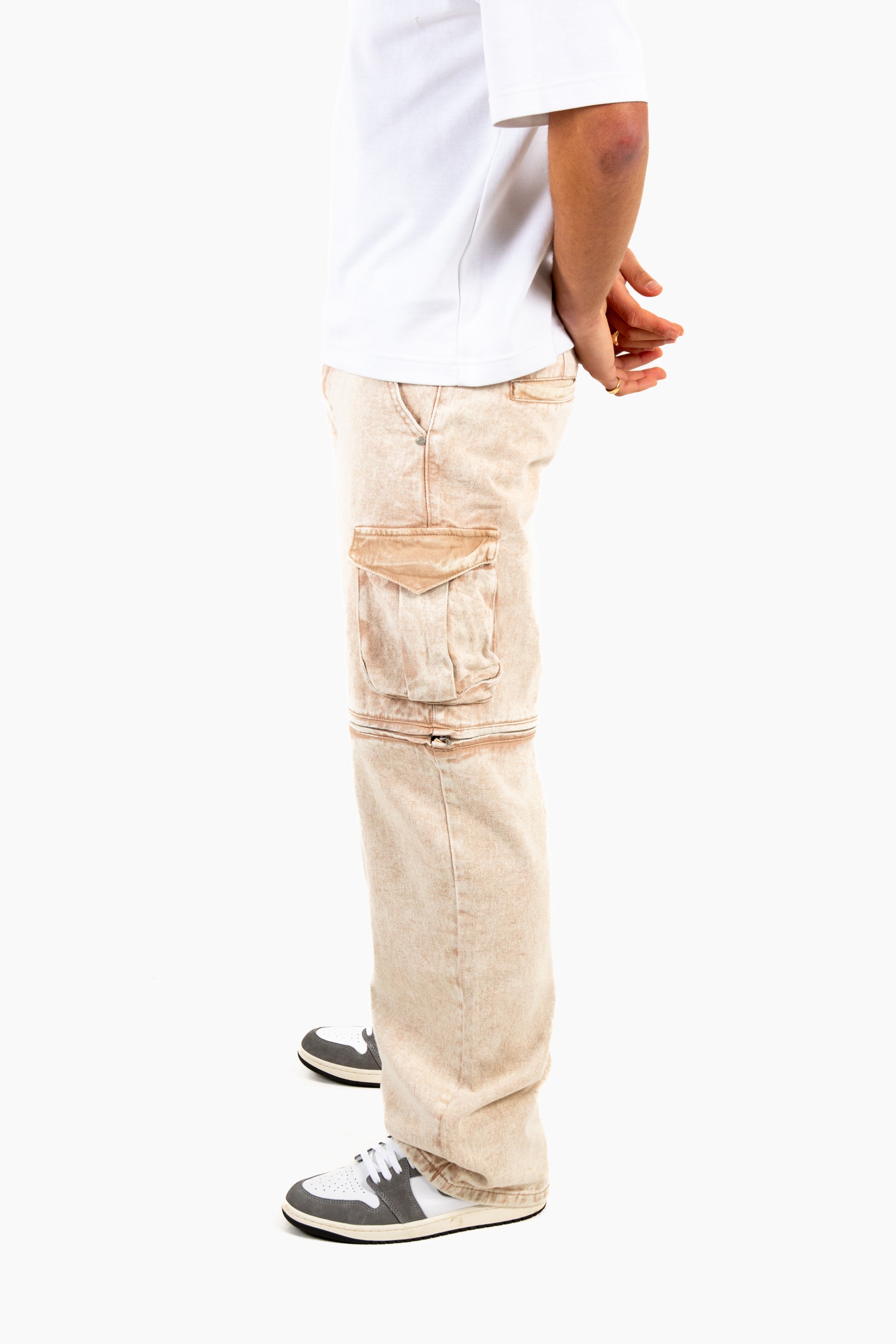 Washed Beige Baggy Cargo Trouser Detachable Zip-Off Shorts