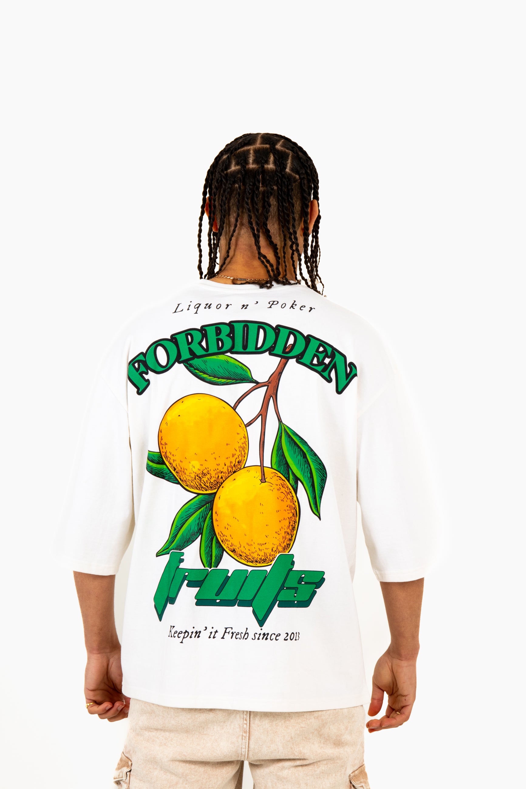 Oversized Forbidden Fruits Back Printed White T-Shirt