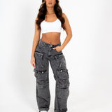 Acid Wash Black Denim Wide Leg Cargo