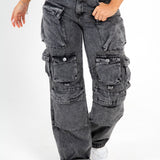 Acid Wash Black Denim Wide Leg Cargo