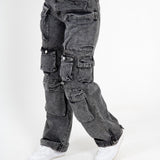 Acid Wash Black Denim Wide Leg Cargo