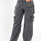 Acid Wash Black Denim Wide Leg Cargo