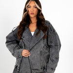 Oversized Acid Wash Black Denim Biker Jacket