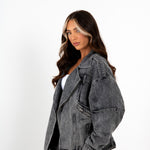 Oversized Acid Wash Black Denim Biker Jacket