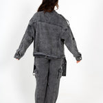 Oversized Acid Wash Black Denim Biker Jacket