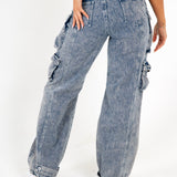 Acid Wash Blue Denim Wide Leg Cargo