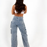 Acid Wash Blue Denim Wide Leg Cargo