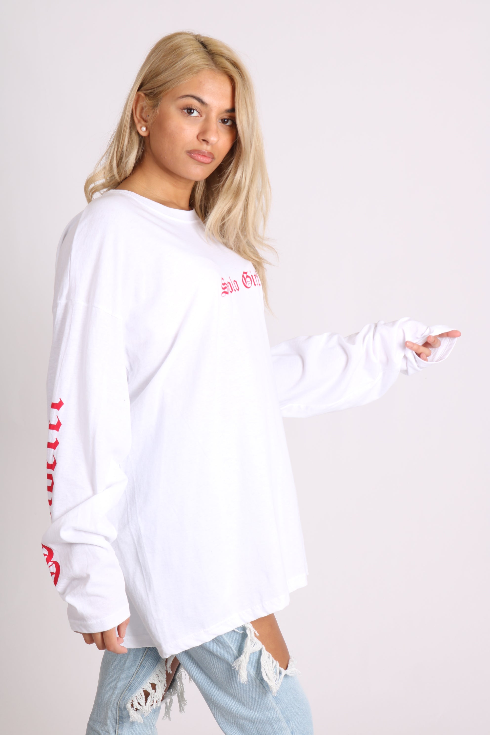 Solo Girl Long Sleeve T-Shirt With Safari Print In White