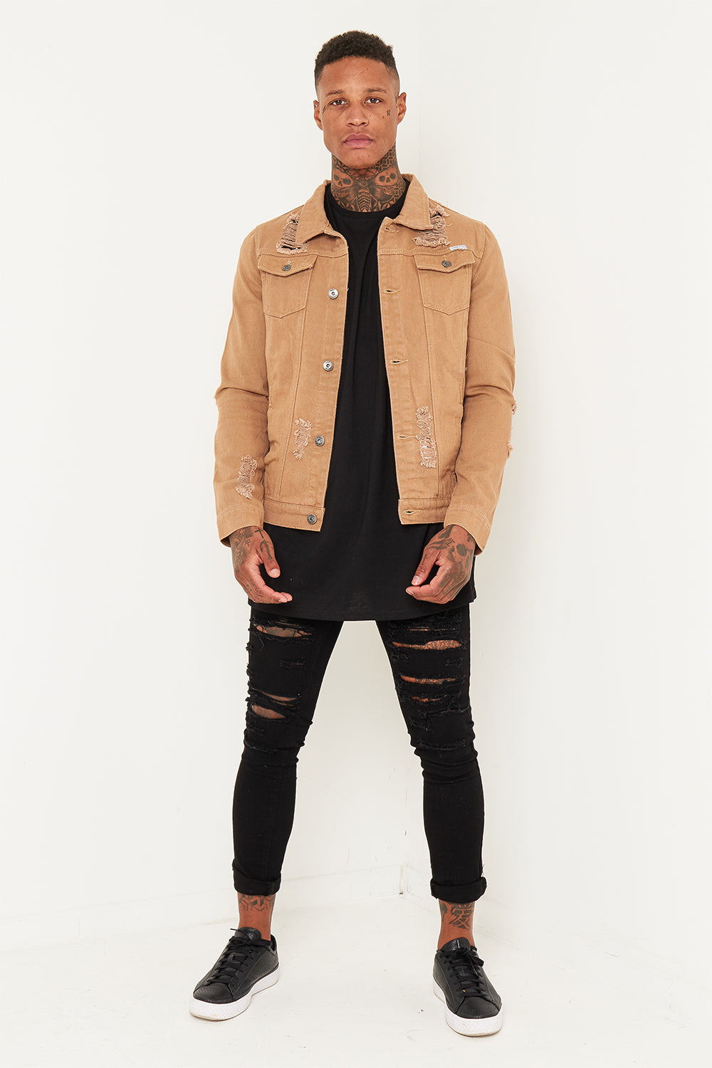 Norton Denim Jacket In Tan With Distressing