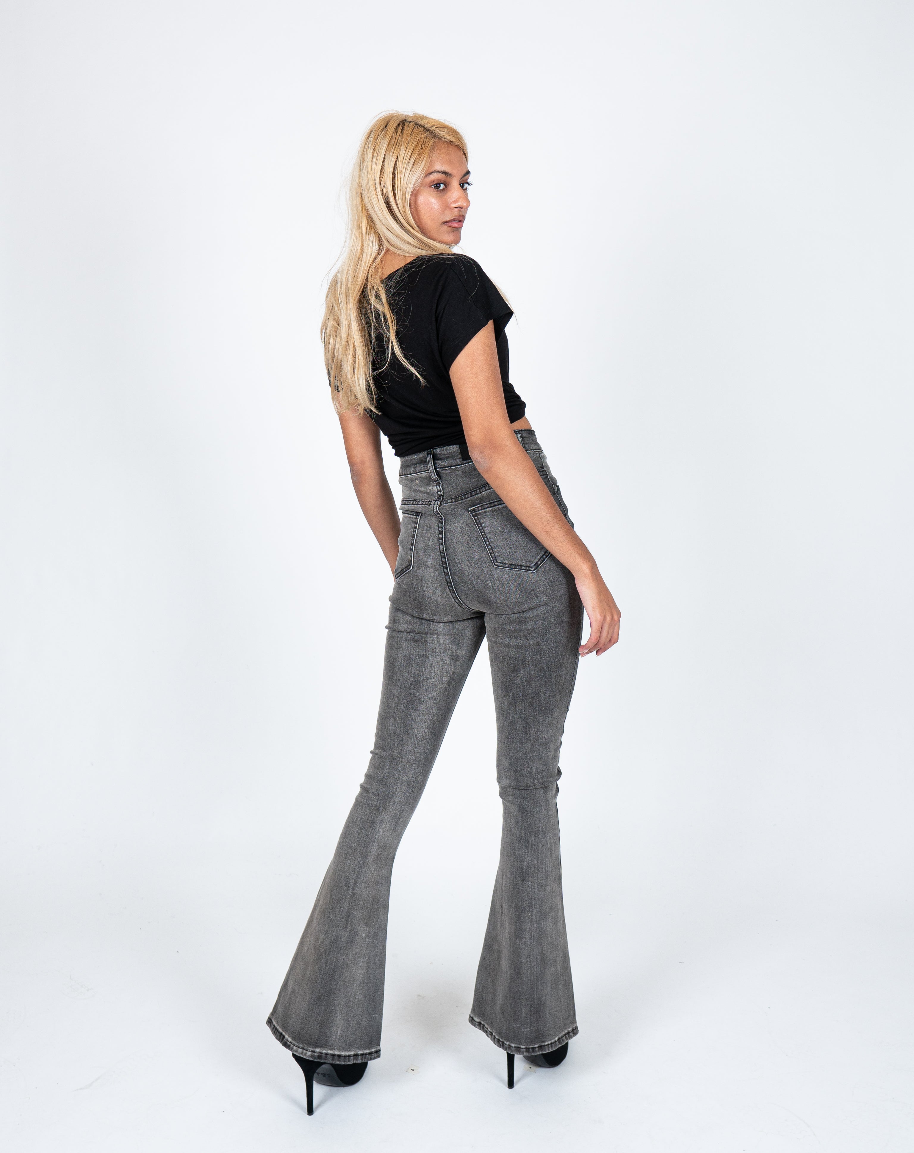 High Rise Skinny Two Tone Denim Flare In Washed Black