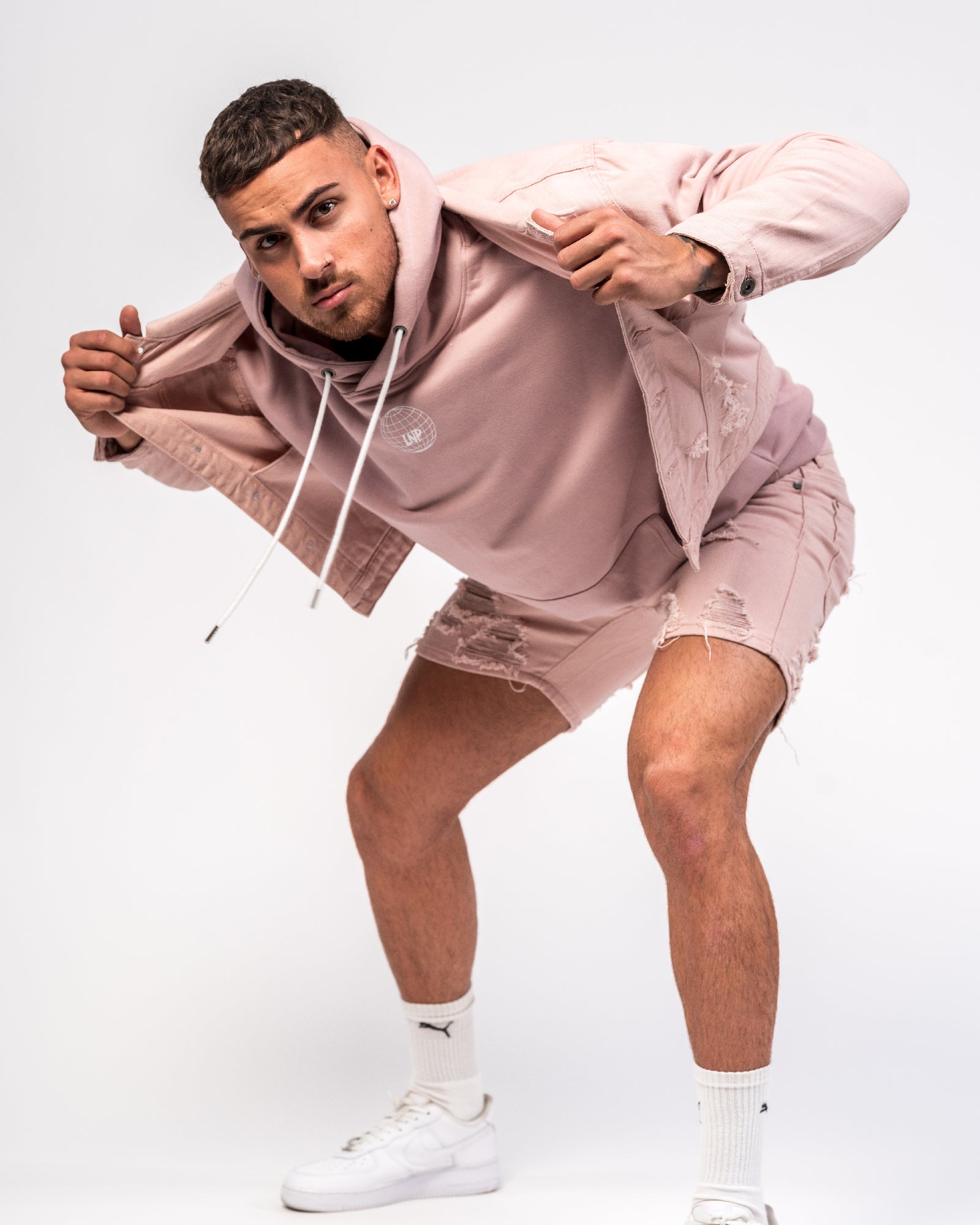 Oversized Denim Jacket In Pink With Distressing