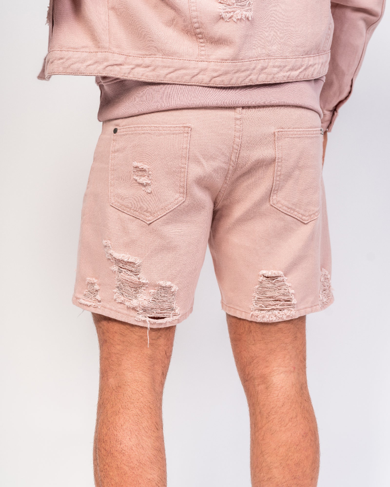Relaxed Denim Shorts In Pink With Distressing