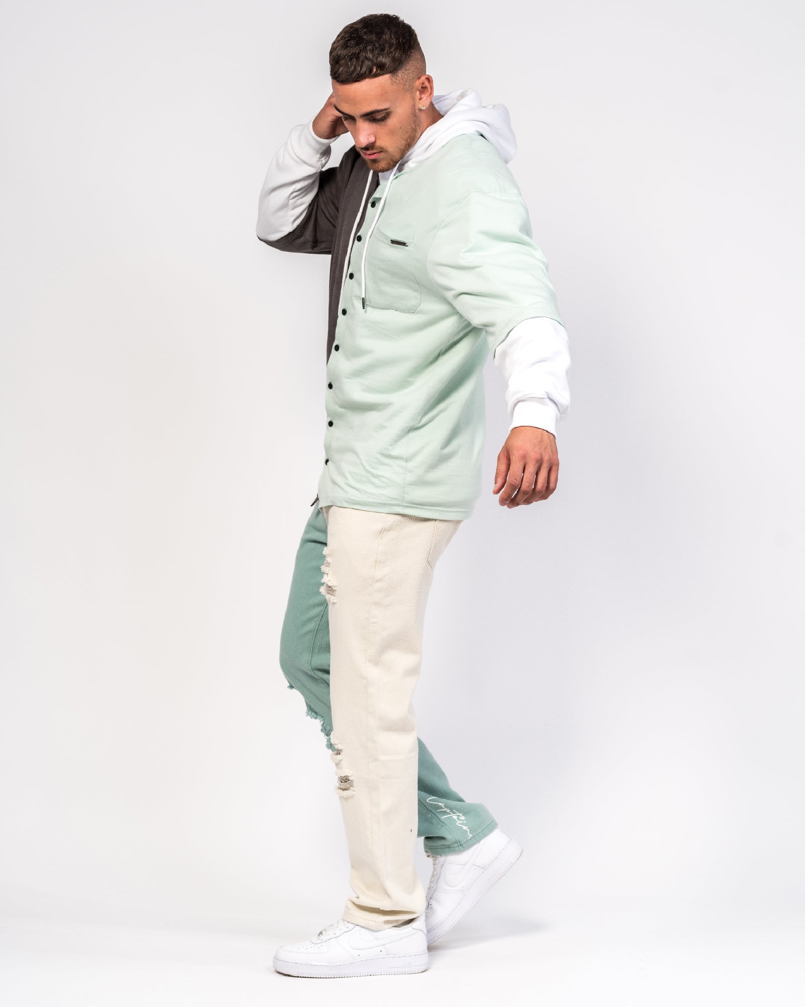 Spliced Overshirt Hoodie In Green And Black